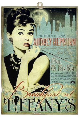 KUSTOM ART Bild im Vintage-Stil Serie Berühmte Filme Breakfast at Tiffany's (Frühstück bei Tiffany) Druck auf Holz 25 x 18 cm.