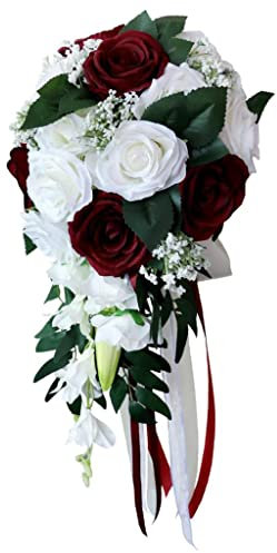 Folpus Exquisite handgefertigter Brautstrauß für Hochzeitsfeiern, Kunstblumen in Creme und Burgunderrot
