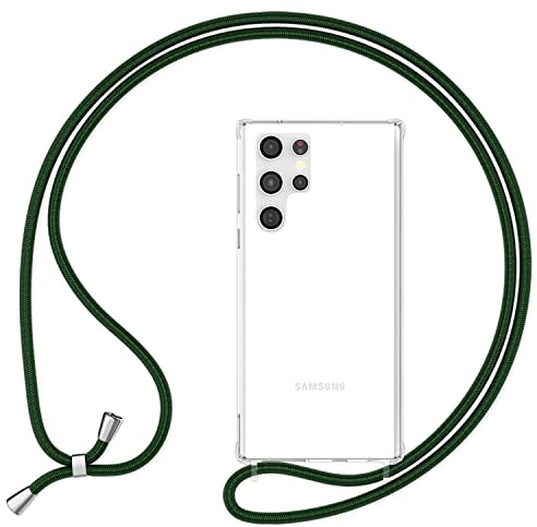 NALIA Handykette für Samsung Galaxy S24 Ultra - Transparentes Hybrid-Case & Band - HANGIT PRO (Anti-Gelb Rückseite & Verstellbar) - Marke aus Berlin, Farbe:Dunkel Grün