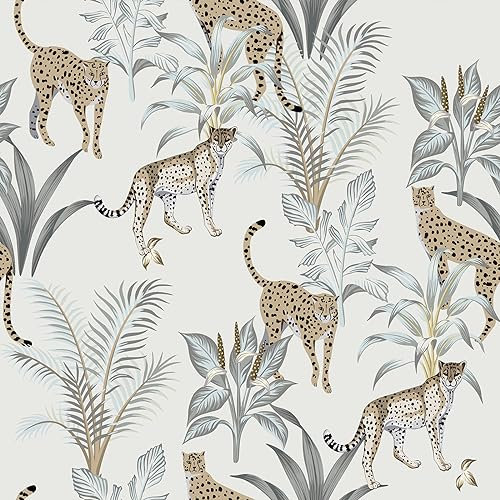 VaryStyle 17.7x393 Grey Jungle Leopard Wallpaper Peel and Stick Wallpaper Animals Cheetah Palm Tree Wallpaper Grey Tropical Contact Paper Waterproof Vinyl Wall Paper for Farmhouse Bathroom Playroom
