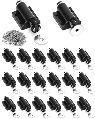 QWORK Magnetic Touch Latch -20 Pack Black Push-to-Open Magnetic Catches for Home Furniture, Glass & Wardrobe Doors, Single Round Magnetic Head - 56mm Extended Length with Mounting Screws