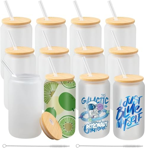 TESIN 12 Pack Sublimation Glass Cans, 16oz Frosted Sublimation Beer Can Glass with Lid, Clear Glass Mason Jar Tumbler Cups Mugs with Glass Straw for Beer, Iced Coffee, Juice, Soda, Drinks