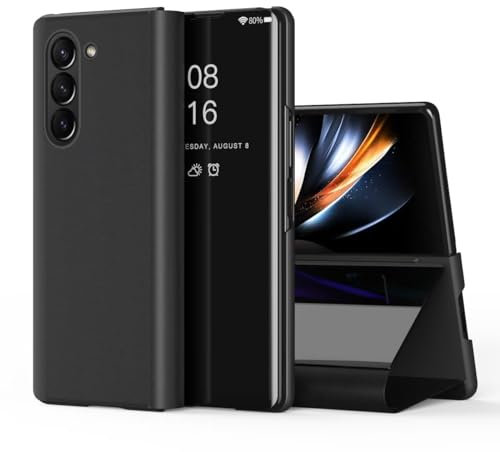 TINGYR Coque pour Samsung Galaxy Z Fold 6 Housse, Luxe Clear View Etui Miroir Mirror Makeup, [Fonction Debout] [Anti-Rayures], Housse Coque pour Samsung Galaxy Z Fold 6.（Noir）