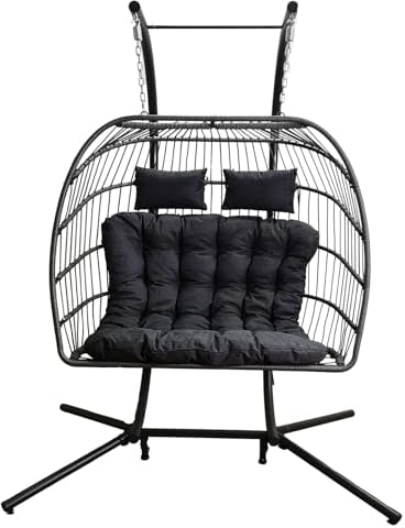 Samuel ALEXANDER Grey Luxury 2 Seater Double Hanging Egg Chair Garden Outdoor Swing Folding Cocoon Chair Rattan Garden Furniture Indoor & Outdoor Conservatory Furniture With Egg Chair Cover