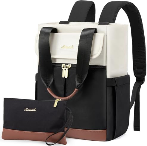 LOVEVOOK Rucksack Damen Groß, Laptop Rucksäcke Schulrucksack Teenager, Schultasche Arbeitstasche Handtasche 2 in 1, 15,6 Zoll Lehrertasche Tagesrucksäcke für Reise Uni Business, Beige Schwarz Braun