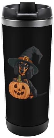 Witch Dachshund Dog Halloween Pumpkin Travel Mug Reusable Stainless Steel Coffee Cup Double Wall Thermal with Spill Proof Lid