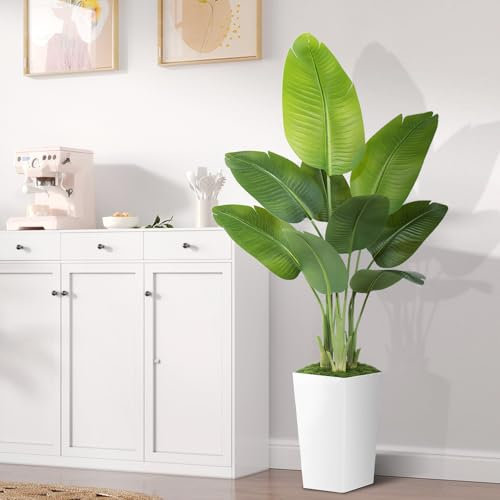 Keeplush Artificiale Uccello del Paradiso 150cm Alta con Vaso Bianco, Piante Finte da Interno Grandi Finta con 9 Foglie, Albero Banano Artificiale Per Interni Esterno Soggiorno Ufficio Giardino Dec
