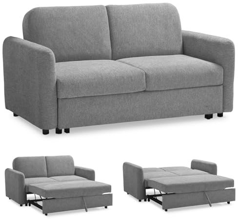 EVERGREENWEB Schlafsofa 2-Sitzer Bett, Couch mit Schlaffunktion, Grau Stoff, Verstellbare Rückenlehne mit Doppelpolster, Sofa mit Ausziehbarer Chaise Longue, Faltbare Verstärkte Struktur, Nelly