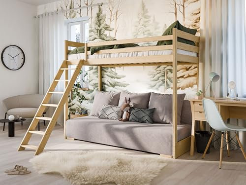 Kids Collective Hochbett Sofa 90x200 cm Natur mit Leiter und Schlafsofa 140x200 cm Couch in Cord-Stoff grau hellgrau OEKO-TEX100 mit 3 Kissen, Etagenbett Stockbett 90x200 cm von 4. bis 18. Lebensjahr