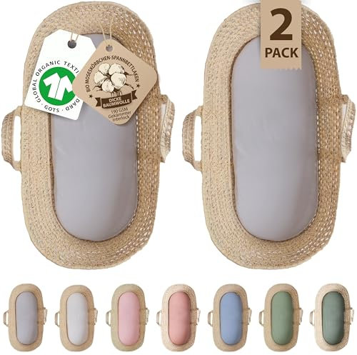 Bunnyjik 28x74-30x70 Ovale Spannbettlaken – GOTS-ZERTIFIZIERTES Bio Set aus 2 – 100% Baumwolle, Luxuriös 190GSM Dick & Ultraweich – Stubenwagen Bezug, Moseskorb, Babybett, Beistellbett