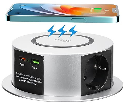 Enchufe retráctil USB C PD20W, 3 enchufes de mesa retráctiles con carga inalámbrica, regleta de enchufes empotrable, USB para encimera, cocina, enchufe empotrable, cable de 1,8 m