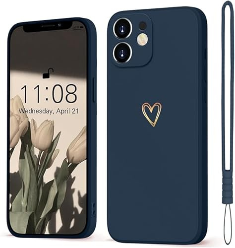 Mitetabo für iPhone 12 Hülle Gold Liebesher Silikon Blau | Handyhülle für iPhone 12 Case Mädchen Weich Slim Stoßfest Kratzfeste Süßes Gold Love Schutzhülle 6.1
