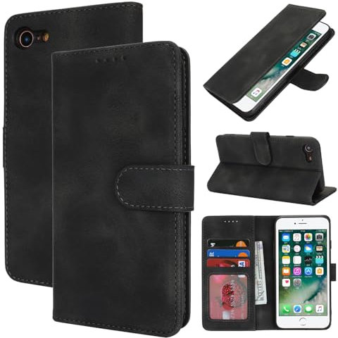Zouzt Hülle für iPhone SE 2022/2020, 8/7 4,7-Zoll, Stoßfestes PU Leder Handyhülle Lederhülle Klapphülle mit Kartenhalter und Standfunktion Flip Leather Wallet Phone Cover (Vintage Schwarz)