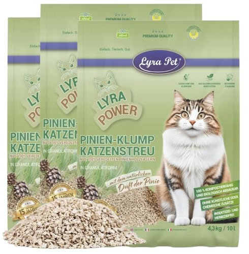 Lyra Pet® | 3 x 10 Liter Lyra Power Pinien Klump Katzenstreu | Natürliche, biologisch abbaubare Klumpstreu | 500% Saugkraft | Auch für empfindliche Katzen | Staubarm für eine saubere Wohnung