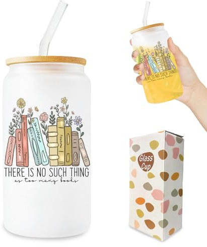Book Lovers Gifts for Women Aesthetic Glass Cups with Lids and Straws 16 oz Creative Frosted Iced Coffee Cup Bookish Gifts for Book Lovers Women Readers Reading Accessories Bookworm Presents