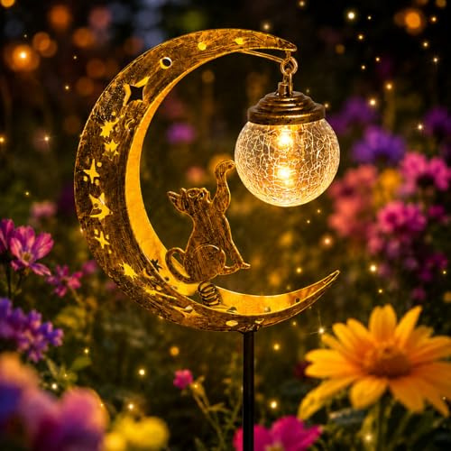 Sunshine smile Mond Solarleuchten Garten,Garten mit Katze,Mond Solarleuchten Garte im Freien Solarlampe,LED Glaskugel Gartenleuchte,für Solarleuchte mit Erdspieß,Gartendeko Hof Rasen
