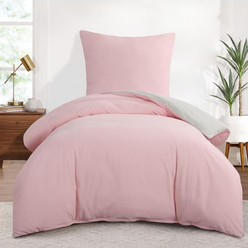 Aisbo Bettwäsche 155x220 2teilig Rosa Beige - Bettwäsche Sets 1 Bettbezug 155x220 cm + 1 Kissenbezug 80x80 cm, ÖKO-TEX Wendebettwäsche Weich Mikrofaser mit Reißverschluss