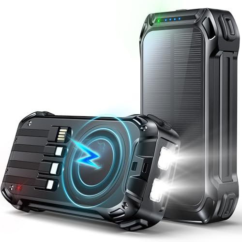 Wireless Solar Charger 26800mAh Power Bank 30W PD Fast Charging, 15W Wireless Charger with 4 Built-in Cables, 3 Ports, Flashlights, Portable Battery Pack for Phones, Tablets, Camping (Black)
