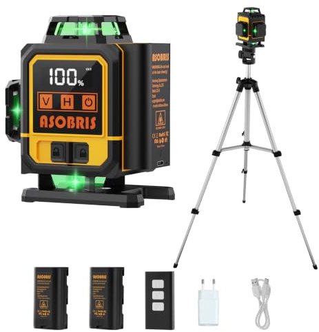 Kreuzlinienlaser mit Stativ,ASOBRIS 16 Linienlaser Selbstnivellierend Laser Wasserwaage mit 2x2400mAh Batterien,Fernbedienung&LED-Anzeige,4x360 Grad Nivellierlaser Laser Level kreuzlaser (Gelb)