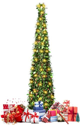Árbol de Navidad Artificial Plegable de 150 Cm, con Una Guirnalda de Luces Cálidas de 5 Metros de Largo, Plegable y Desmontable, Árbol de Navidad Artificial con Cuello Curvado Rojo (E)