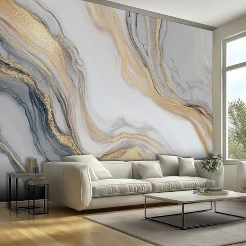 Tapete Fototapete Weiß Gold Marmor Marmoriert 350 x 256 cm Vliestapete Wandbild Fototapeten, Vlies Tapeten Wandtapete Schlafzimmer, Wohnzimmer, TV Hintergrund Wand Moderne Wanddeko AP37