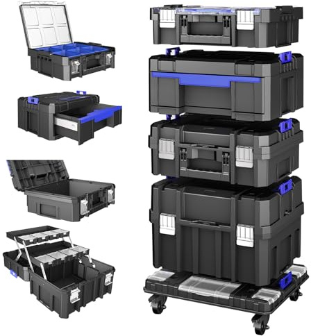 AIRAJ 5 Tier Stackable Tool Box on Wheels, Rolling Tool Box Organiser | Interlocking Toolbox,Portable Tool Box with Drawers,Tool Storage Box for Professional Work,Workshop,Home Repairs