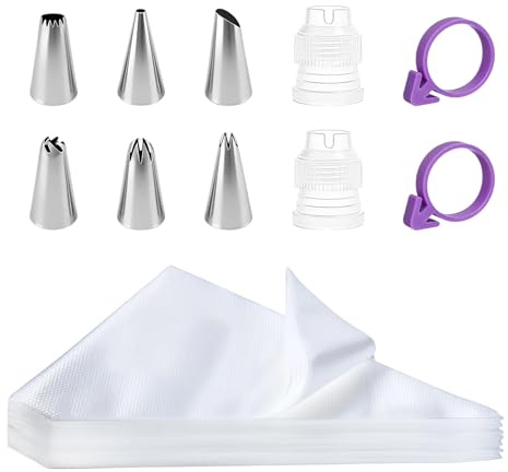 110pcs Spritzbeutel mit Tüllen Set, 100 Einwegbeutel 6 Aufsätze 2 Tortenspritzen, inklusive Gummibänder für Kuchen Kekse und Backwaren