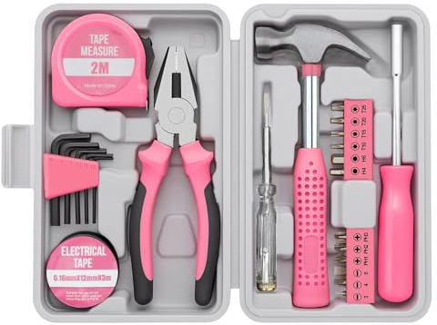 24PCS Household Hand Tool Set with Storage Case DIY Home Repair (Pink) | Portable essential instruments pack includes hammer screwdriver pliers tape measure and bits for everyday fixing tasks ideal