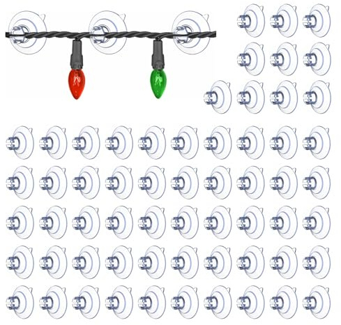 60 Pack Suction Hooks for Christmas Lights, Small Clear Window Cup Hooks | Reusable Design for Fairy Lights, Glass Windows and Indoor Holiday Decorations with Easy Hanging Solution