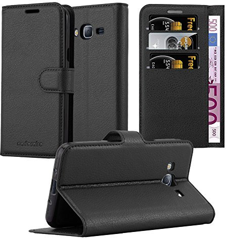Cadorabo Hülle kompatibel mit Samsung Galaxy J3 2016 Handyhülle aus Kunst Leder Flip Klappbare Stoßfeste Magnetische [Standfunktion] [Kartenfächern] Cover Hülle für Galaxy J3 2016 Tasche in Schwarz