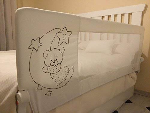 Mundibebé Barrera Seguridad Niños Cama 180 x 66 cm - Seguridad y Comodidad, Alta y Robusta - Barrera Cama Niños Abatible - Barandilla Cama Niño Modelo Osito y Luna Gris