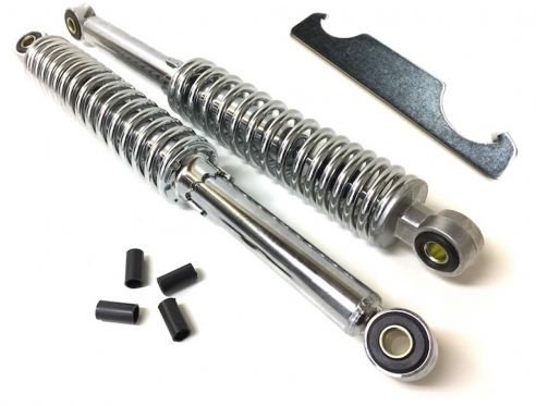 300mm Chrom Stoßdämpfer Set, 2-teilig, 5-fach verstellbar, hydraulisch gefedert, inkl. Einstellschlüssel und Reduzierhülsen, passend für Mofa, Moped, Mokick