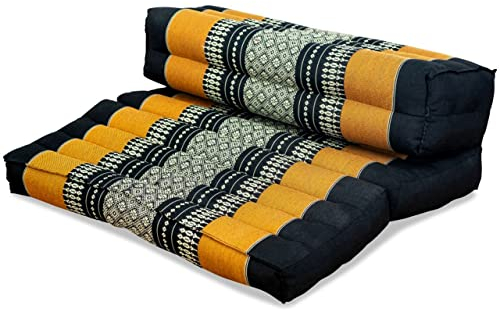 livasia Meditationskissen faltbar klappbar - 72x50x12cm - Zafukissen Zabuton für Yoga und Meditation, Meditationssitz mit Kapok, Sitzkissen Schneidersitz zum Klappen, handgefertigt (Schwarz/Orange)