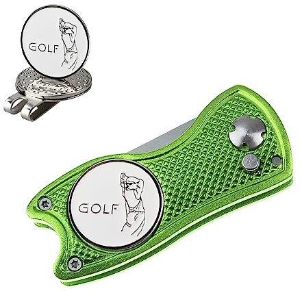 Crestgolf Pitchgabel Golf Klappbar, Manuell Golf Pitchgabel mit Magnet Ballmarker, Switchblade Golf Pitchgabel Tragbares Golf Reparaturzubehör Hellgrün
