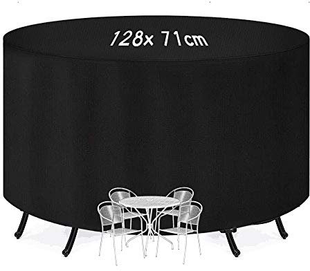 KANOSON Garden Table Cover - Round, Waterproof, Heavy Duty, Windproof Patio Set Cover - Large Rip Proof 210D Oxford Fabric - Ø128 x 71cm
