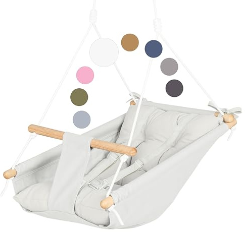 CaTeam - Hamac pour bébé en Toile, Chaise Suspendue en Bois avec Ceinture de sécurité, Chaise hamac Durable pour bébé, balançoire extérieure et intérieure pour Enfants, Ivoire