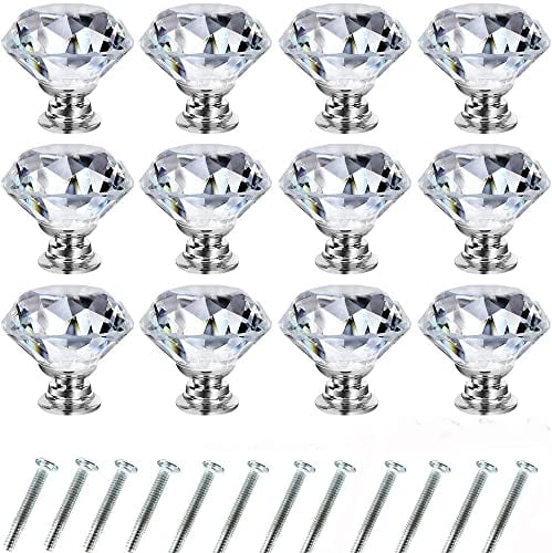 Wajade 12 Pack 30mm Drawer Knobs Crystal Cabinet Knobs Diamond Shaped Glass Cupboard Handles Zinc Alloy Drawer Handles with Screws(Clear Diamond,Silver Base)