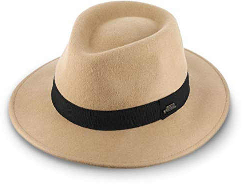 fiebig Purley Fedora Wollfilzhut | Klassischer Filzhut mit verstellbarem Innenband & Ripsbandgarnitur | Classic Hat Made in Italy (55-S, Beige)