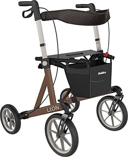 FabaCare XXL Rollator Lion mit Schleifbremse, Outdoor Leichtgewichtrollator mit Spezialbereifung, faltbar, Vollausstattung, bis 200 kg, Braun Metallic, Sitzhöhe 53 cm