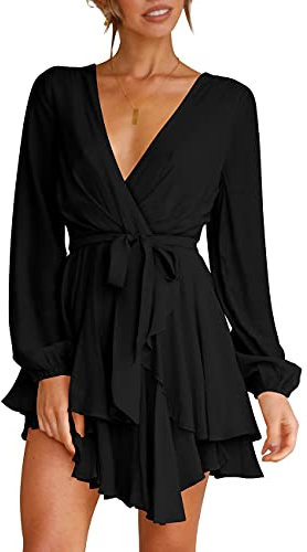 Cosonsen Women's Dress Deep V-Neck Long Sleeve Waist Tie Ruffle Mini Swing Skater Dresses, Black, XXL