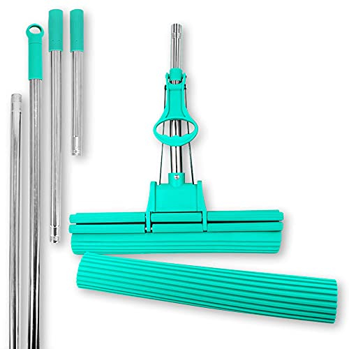 ABACUS Green Mop® 7811.3 - Trapeador Fregona con 4 ruedas y escurridor doble con dos mangos de extensión Green Mop® de 40 cm, incluye esponja de repuesto con mango de extensión de 27 cm y 45 cm