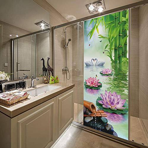 LuSeven poster trompe l'oeil Forêt de bambous Lotus Zen 85x215cm(33.46 inches * 84.64 inches) Autocollants de porte 3D pour portes intérieures autocollant de porte étanche effet 3D papier peint bricol