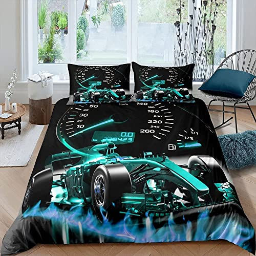 Loussiesd Jungen Sportwagen Bettbezug Set Blaugrün Formel Rennwagen Bettwäsche Set 135x200cm Kinder Teens Mädchen Extremsport Thema Trösterbezug Cool Speed Dekor Bettbezug 2 Stück