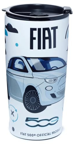 Puckator Fiat 500 E Reusable Stainless Hot & Cold Thermal Insulated Food & Drink Cup 500ml - Thermos Travel Mug - Tumbler with Straw and Lid - Insulated Bubba Cup - Thermal Drink Bottle