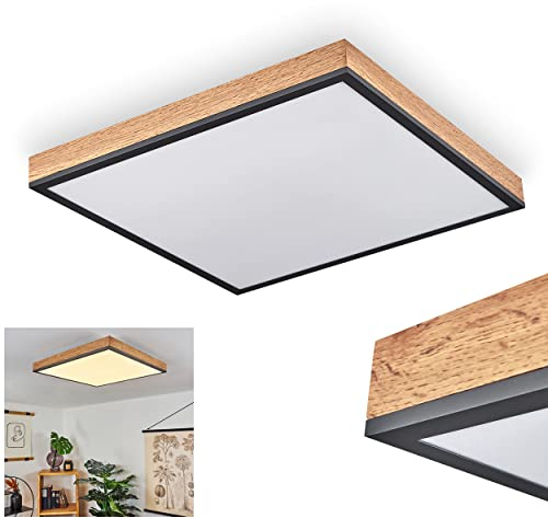HOFSTEIN LED Panel Salmi, modernes Deckenpanel aus Metall/MDF in Schwarz/Weiß/Holzoptik, 24 Watt, 1-flammig, 2100 Lumen, Lichtfarbe 3000 Kelvin (warmweiß), eckige Deckenlampe in flachem Design