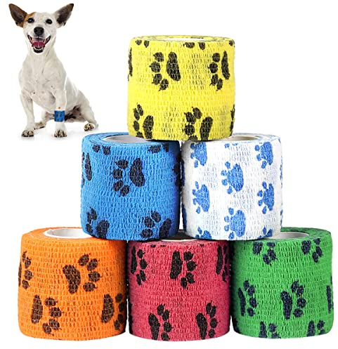 NOCHME Selbstklebender Verband, 6 Rollen 5cm Elastisch Pfote Selbstklebend Atmungsaktiv Verbandsmaterial Selbsthaftender Bandagen, Tierarzt Bandage Für Haustiere Hunde Hund Katzen Pferde Tiere