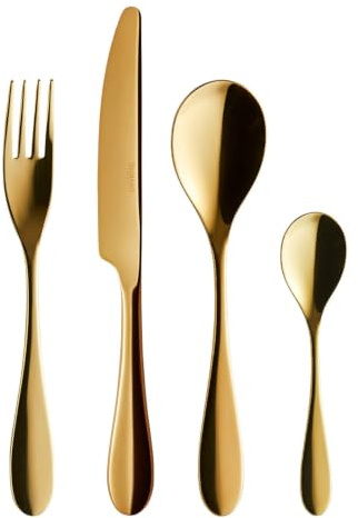 Guy Degrenne Onde Ménagère 24 Couverts Inox Doré | 24 pièces monobloc en acier inoxydable 18/10 à finition dorée (revêtement PVD) pour 6 personnes, couteaux lame scie