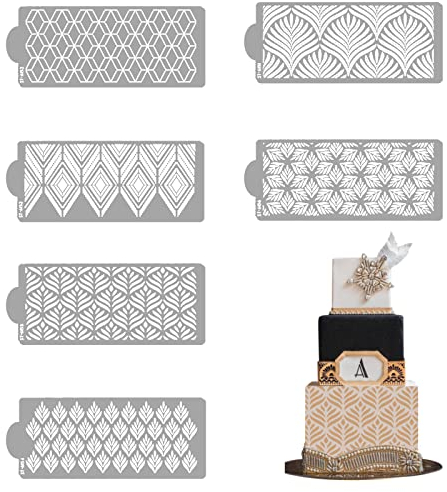 Cake Decorating Stencils, 6 Pcs Plastic Embossed Cake Templates Cake Molds Leaves Geometric Hollow Lace Cake Decorating Buttercream Templates for Wedding Birthday Cake (White 6Pcs)