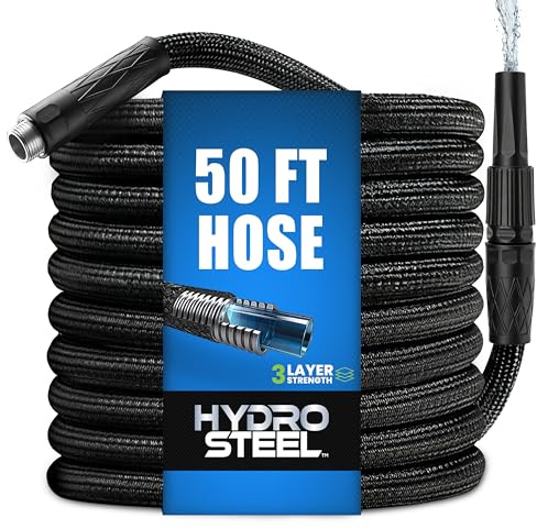 EMSON Hydrosteel Pro 50 Ft 3X Layer Metal Garden Hose with Nozzle, Stainless Steel, Heavy Duty, Flexible, Lightweight, Crush Kink Resistant, 50 Ft Garden Hose, 500 PSI