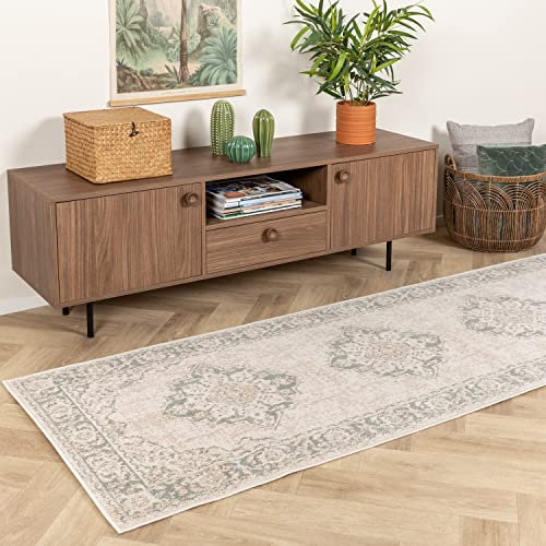 FRAAI | Home & Living Vintage LäUfer - Spring Medaillon Creme Grün - Polypropylen - Kurzflor - Vintage - Boho, Orientalisch - Wohnzimmer, Schlafzimmer, Flur - Carpet